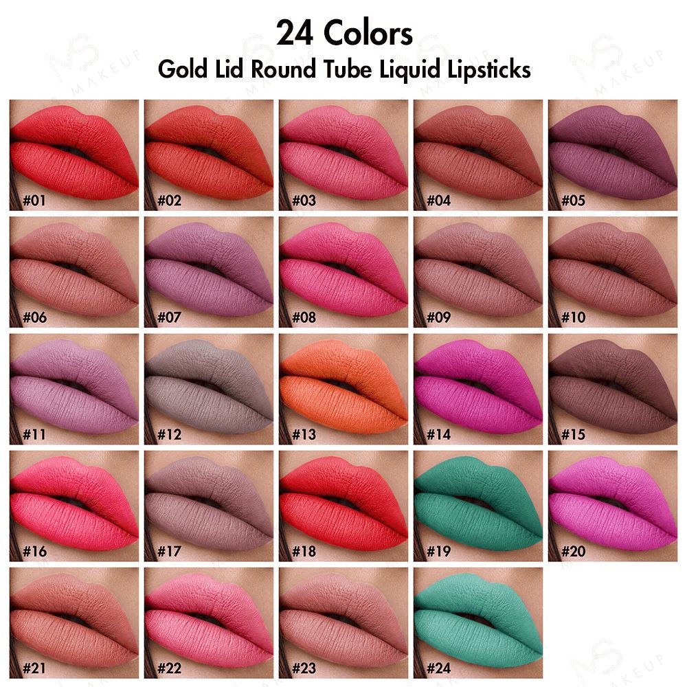 24 Colors Gold Lid Round Tube Liquid Lipsticks - MSmakeupoem.com