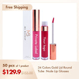 34 Colors Gold Lid Round Tube  Nude Lip Glosses（50pcs free shipping）