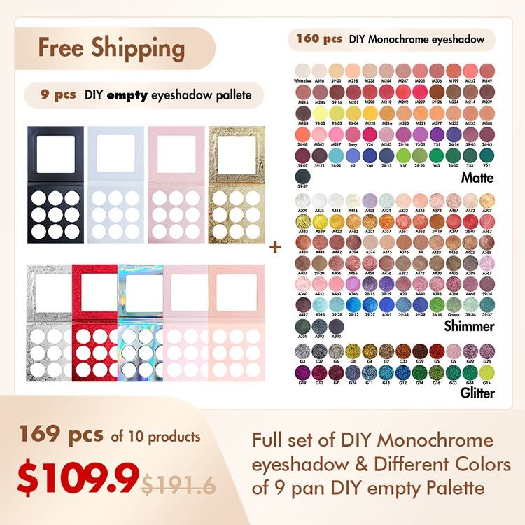【Free Shipping】Sample Set of 169Pcs Full set of DIY Monochrome eyeshadow & Different Colors of 9 pan DIY empty Palette