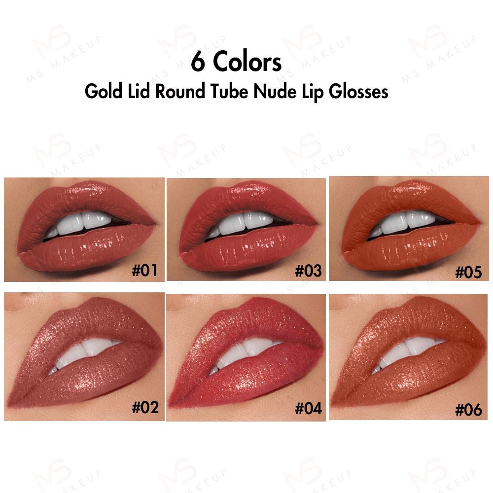 6 Colors Gold Lid Round Tube Nude Lip Glosses