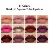 12 Colors Gold Lid Square Tube Lipsticks - MSmakeupoem.com