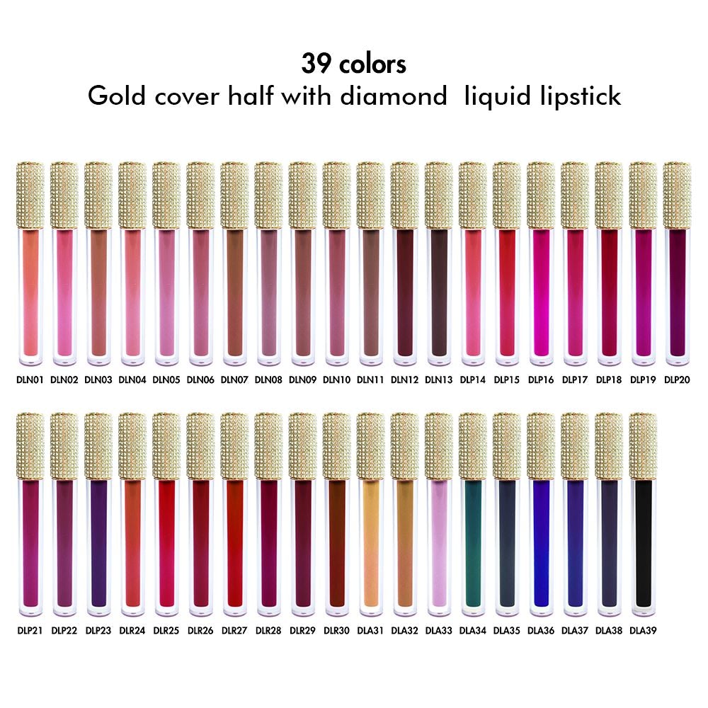 39 colors No-stick matte Gold cover half with diamond liquid lipstick(#01-#30)